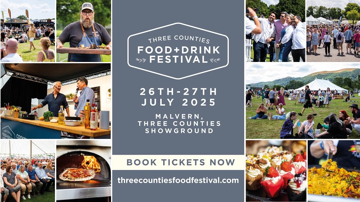 Banner advertising Three Counties Food and Drink Festival, showing images from previous events including demonstrations, examples of food available, crowds enjoying the sunshine below the Malvern Hills