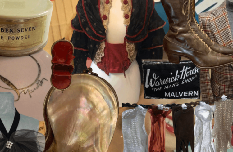 A collage of vintage and antique clothing and cosmetics